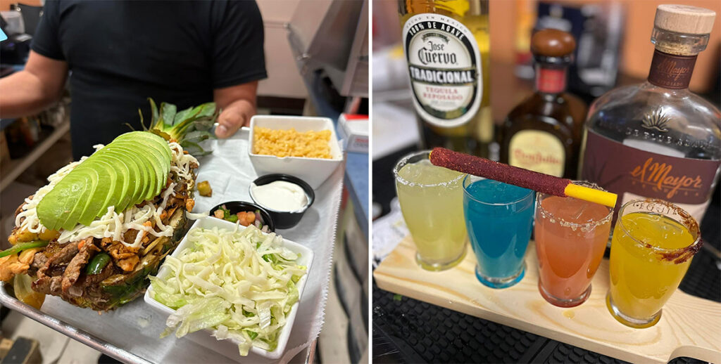 Two popular items from the Peppers menu: The Piña Loca, which is served inside half of a pineapple, and a sample flight of four margaritas.