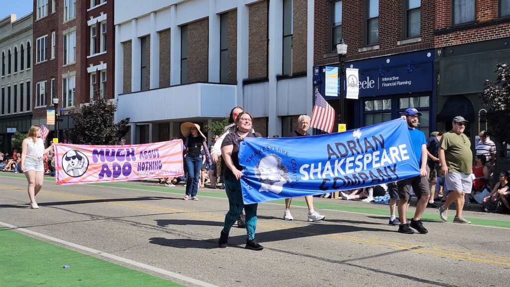 The Adrian Shakespeare Company, advertising their upcoming production of "Much Ado About Nothing."