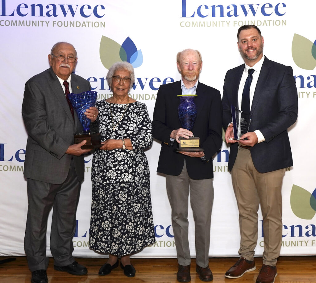 The Lenawee Community Foundation presented awards on April 23 to recognize service to the community. Pictured from left to right are Robert and Sandy Trevino, Tom MacNaughton, and Tino Rebottaro. (Photo by Mike Dickie for the Lenawee Community Foundation)