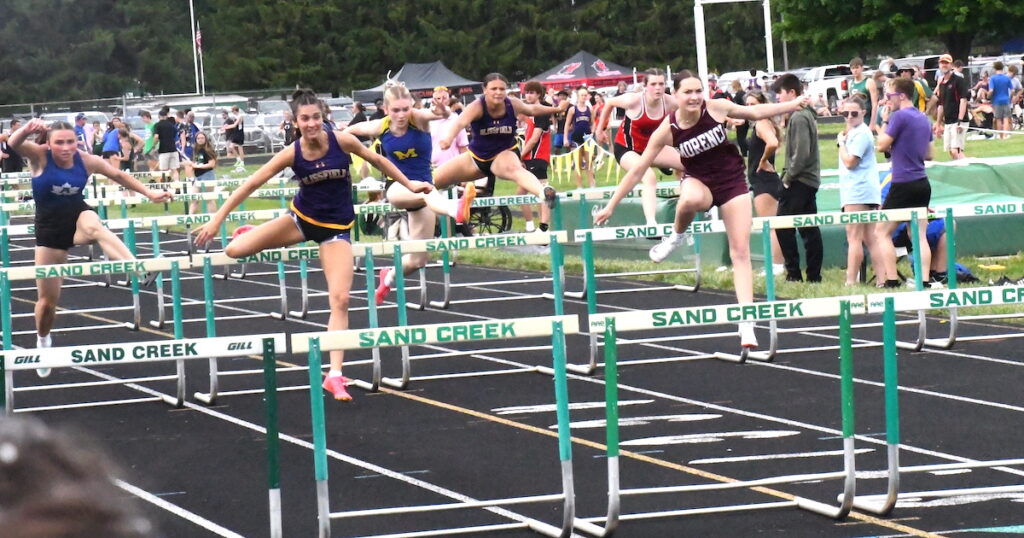 Blissfield’s Leigh Wyman and Morenci’s Emma Williams lead the pack in the girls 100-meter hurdles at the Lenawee County track and field meet. Williams placed first in the 100-meter and Wyman in the 300-meter.