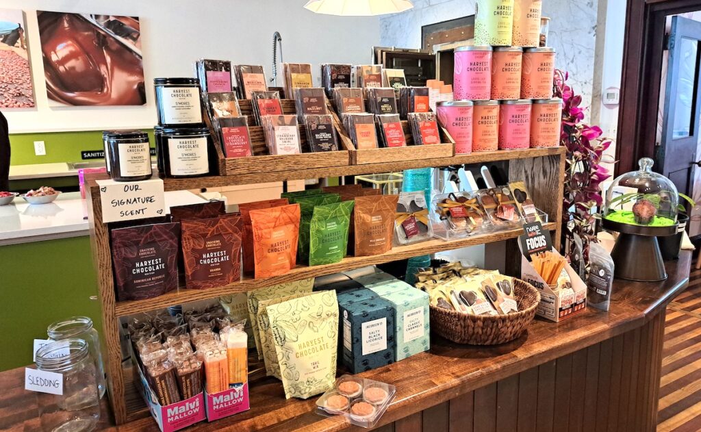 A collection of bean-to-bar treats on display at Harvest Chocolate’s downtown Tecumseh store (Photo by Arlene Bachanov)