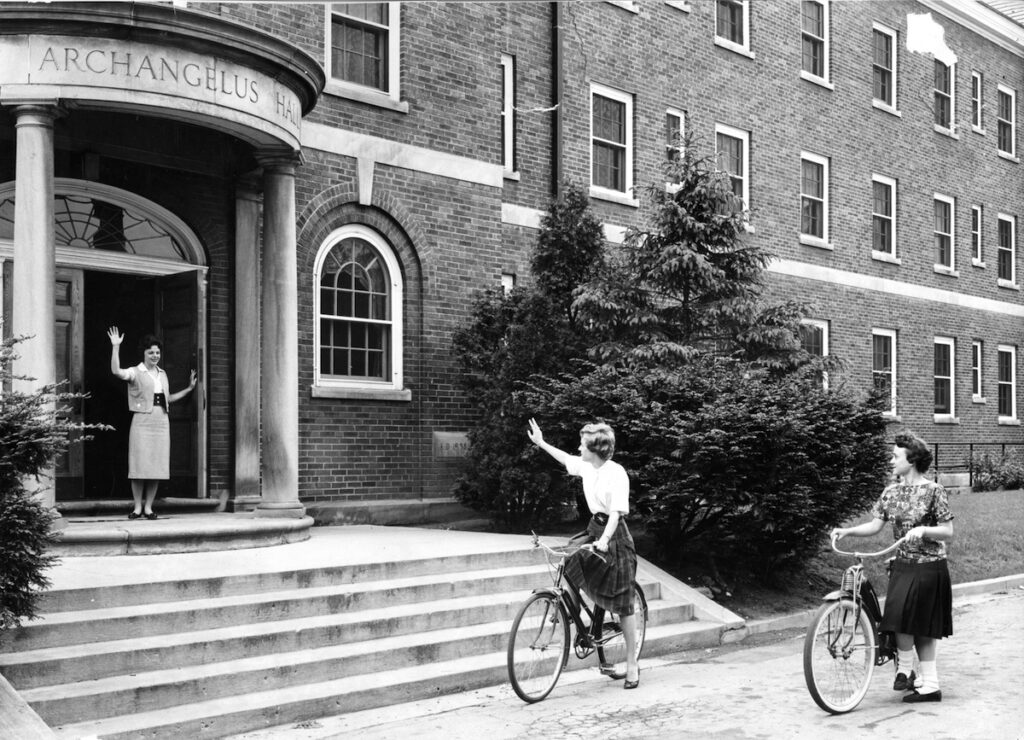 This archive photo shows Siena Heights University students on campus in the 1950s. (Courtesy of Siena Heignts University)