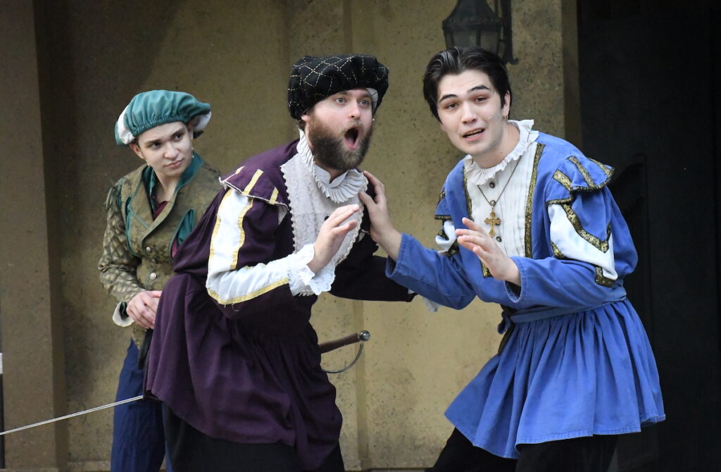 Pictured in a scene from "Romeo & Juliet" are AJ Landingham as Benvolio, Nate Adams as Mercutio, and Eli Stachowske as Romeo.