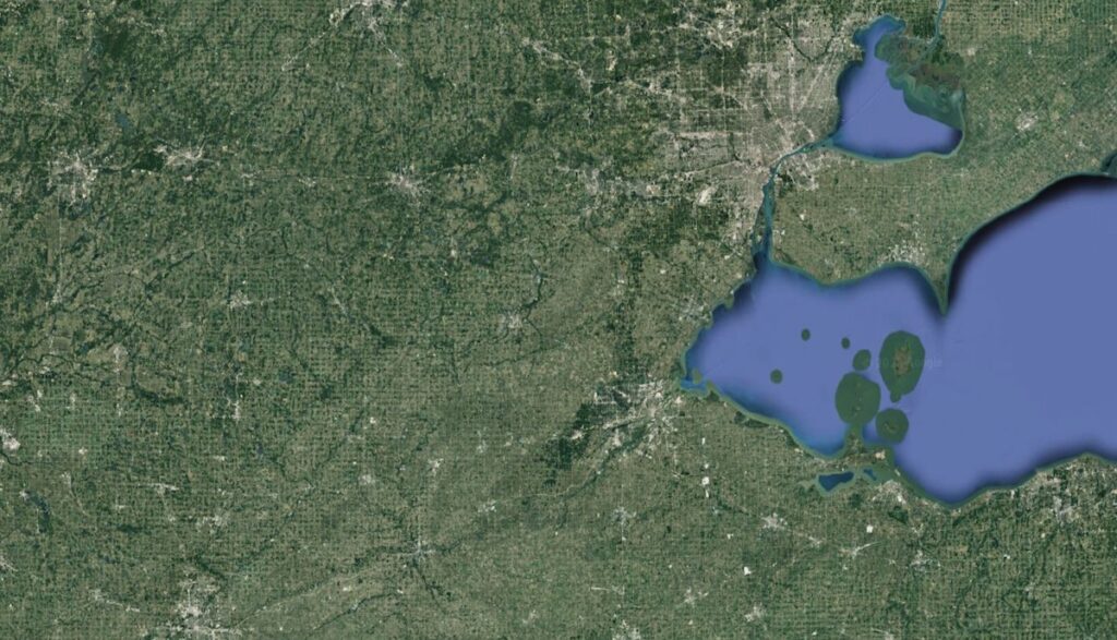 Preventing harmful algal blooms is one of the goals of a grant program that will help farmers and other landowners implement conservation practices in the western Lake Erie Basin. (Google Earth image)