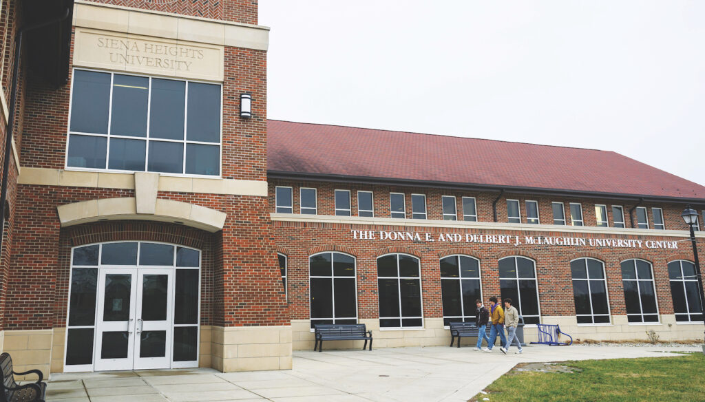 Students walk in front of the Donna E. and Delbert J. McLaughlin University Center on the Siena Heights University campus on the first day of the new semester on Jan. 8. (Photo by Laura Harvey, Siena Heights University)
