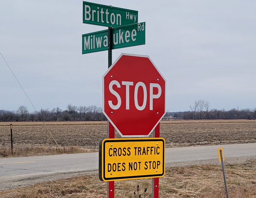 New stop signs, with reflective posts and “Cross Traffic Does Not Stop” warnings, have been installed on Milwaukee Road at Britton Highway.