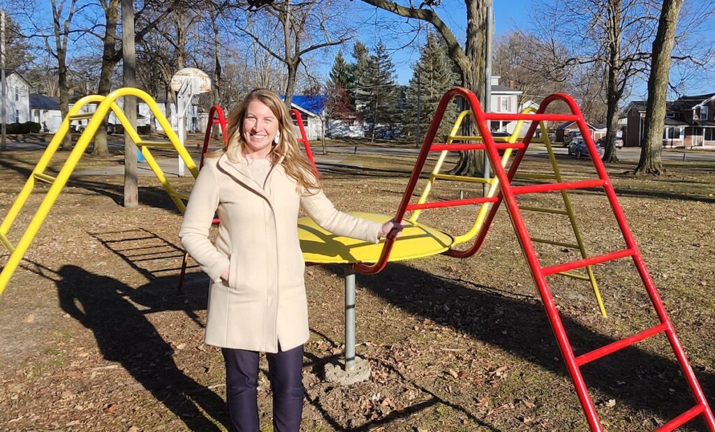 Heather Sarnac, community and economic development director for the city of Morenci, is pictured in Stephenson Park. Planned upgrades to the park include new, more accessible playground equipment; an expanded basketball court; more lighting; and a paved trail around the perimeter of the park.