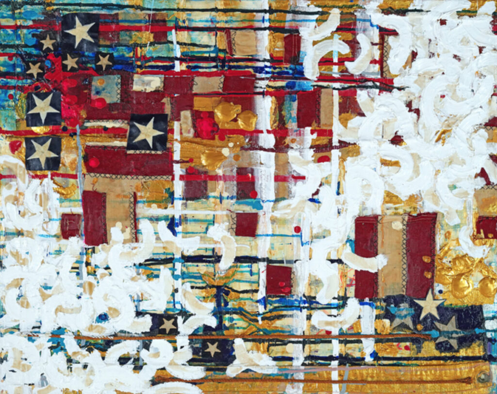 “American Beauty” by Kari Souders is one of the pieces in “Stars and Stripes: Artistic Dialogues on the American Flag” at Adrian College’s Hickman Gallery.