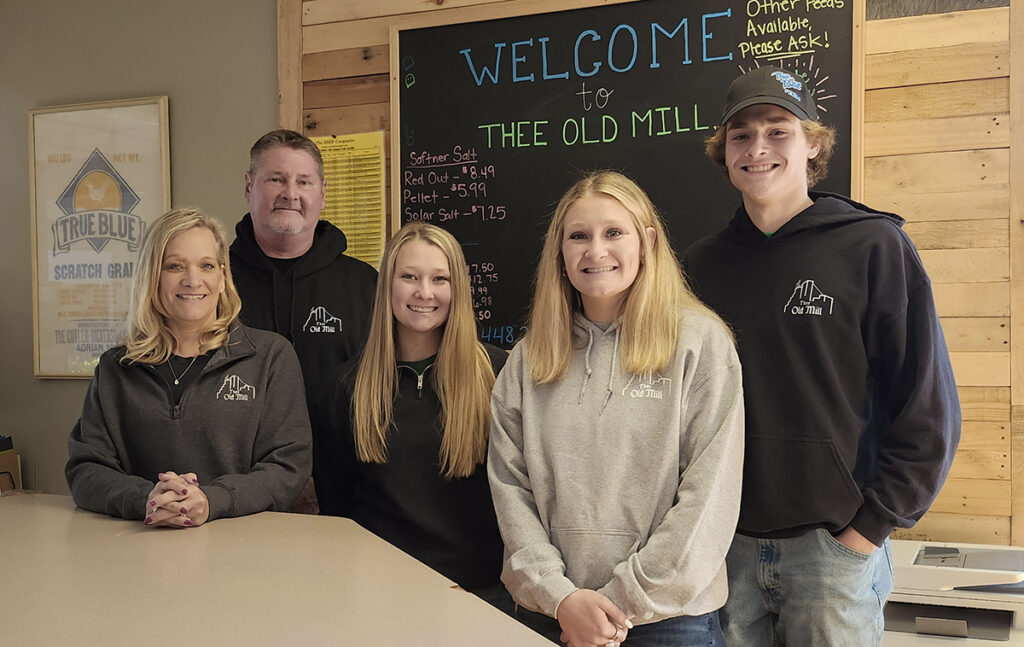 Michelle and David Van Brunt are pictured at Thee Old Mill in Adrian along with three of their four adult children, Kylee, Baylee and Bradlee. Daughter Karly works nights as a nurse.
