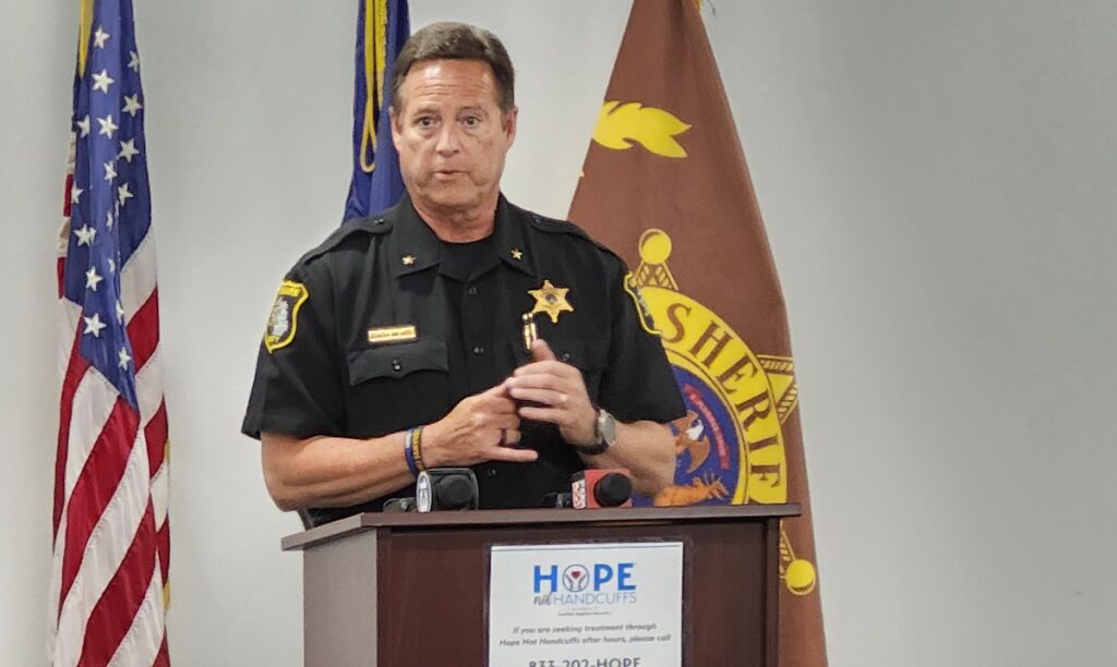 Lenawee County Sheriff Troy Bevier speaks at the launch of the “Hope Not Handcuffs” program on July 10.