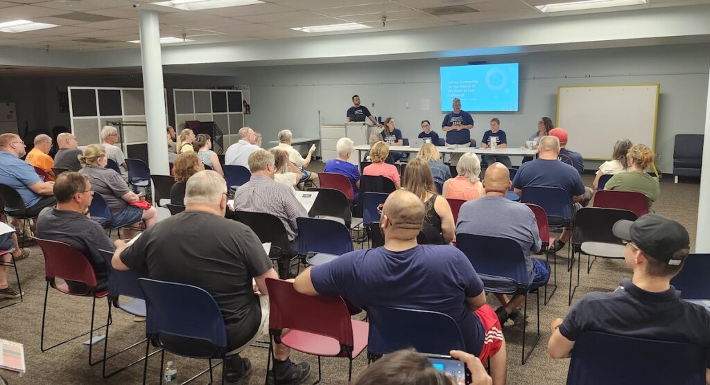 From left to right, Mike Buku, Sarah Buku, Katarina DuMont, Kasey White, Megan Greenwell and Carrie Smith give a presentation on July 9 about a planned drive to repeal the city’s point-of-sale real estate inspection ordinance.