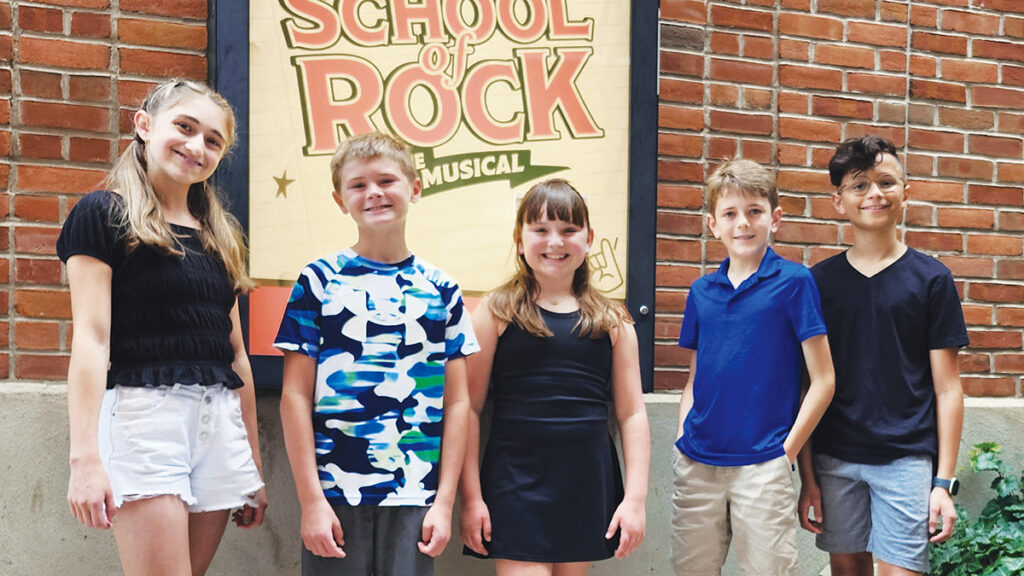 The band from “School of Rock” at the Croswell: First row, Sophia Bernard, Alayna Brazzil and Adrian Stukey; second row, Luca Walter and Josiah Torrence.