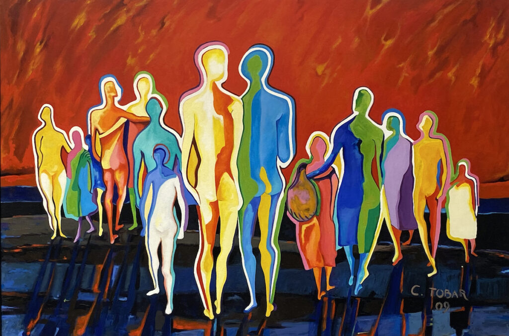 “Immigrants,” a 2009 oil-on-canvas painting by Carlos Tobar, is part of his current exhibit at Adrian College.