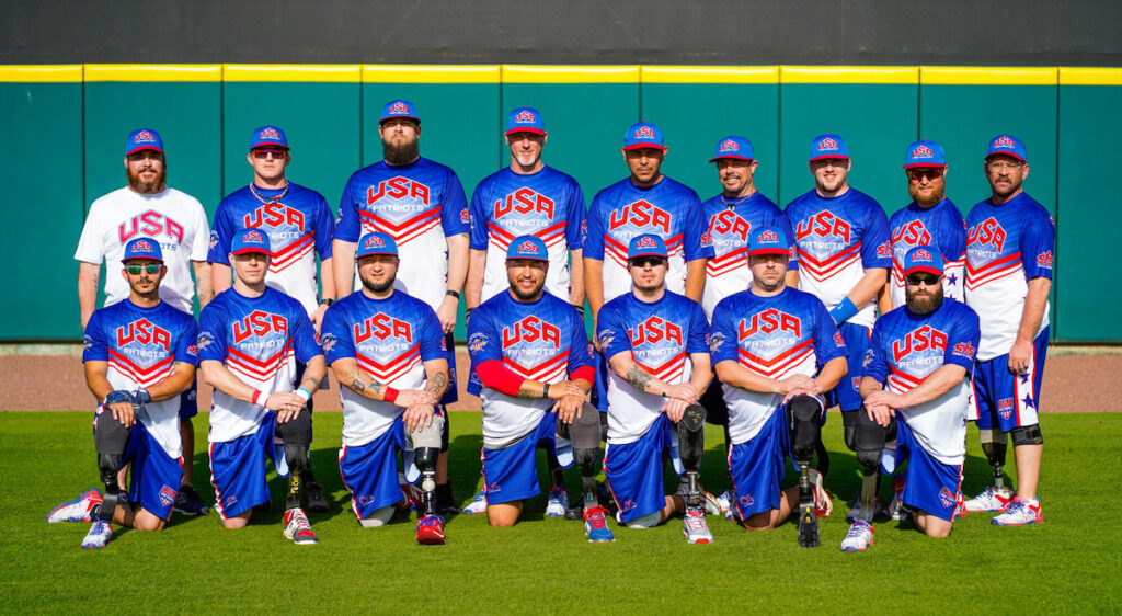 Saul Bosquez — front row, third from left — is a member of the USA Patriots amputee softball team.