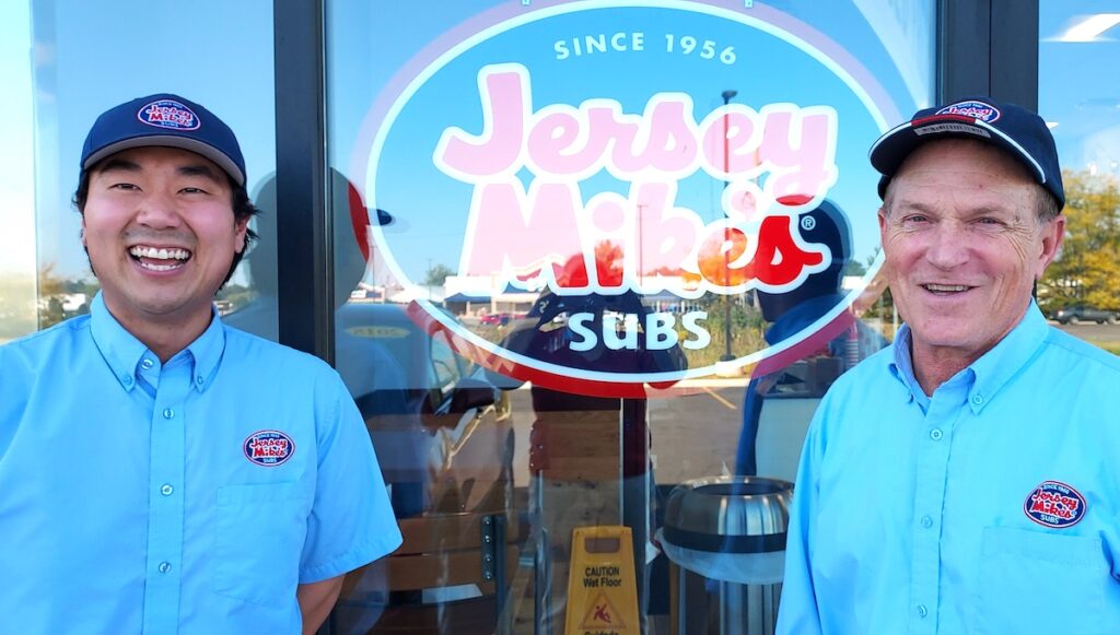 Jacob Happy and Peter Shipman are pictured at the new Jersey Mike’s Subs in Adrian.