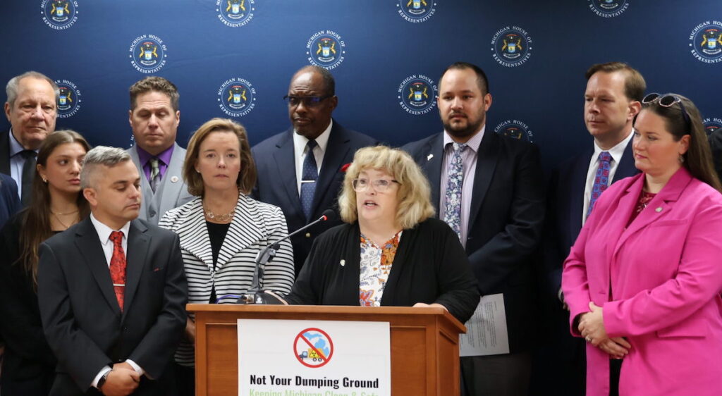 Rep. Reggie Miller (D-Van Buren Twp.) hosted a press conference on Sept. 11, 2024 discussing her bill to ban radioactive waste dumping in Michigan. (Photo by Kyle Davidson, Michigan Advance)