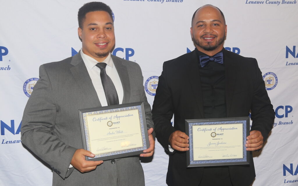 The NAACP thanked Andre White and Javon Jenkins for their role in helping the annual Juneteenth celebration expand, by organizing a 3-on-3 basketball tournament for the first time this year. (Photo by Thomas Gerweck)