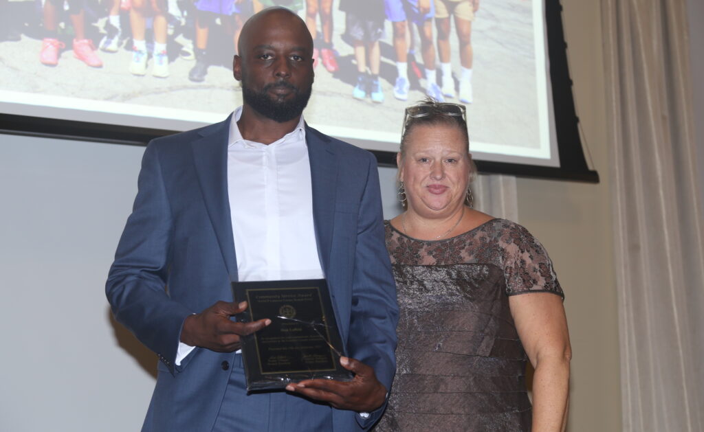 Don Lofton is pictured with Kasey White, who introduced him as one of the recipients of the annual Community Service Award at the Lenawee NAACP’s 30th annual Freedom Fund Banquet on Oct. 13. (Photos by Thomas Gerweck)