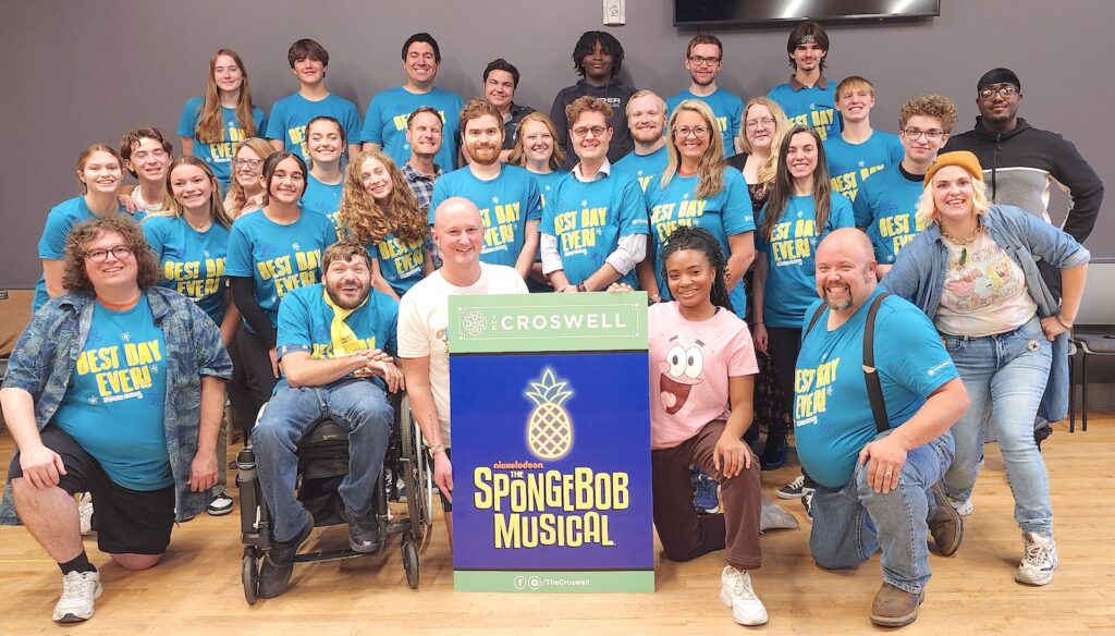 Some of the cast members from “The SpongeBob Musical” at the Croswell Opera House pose for a photo during a recent rehearsal. In the back row are Amelia Bowman, Jase Sword, Jordan Marquez, Dean Sumner, Zameon Conway, Mitchell LaRoy, and Trent Aneed. In the middle row are Briella York, Reed Schwieterman, Libby Pifer, Erin Yuen as Mrs. Puff, Delayna Garcia, Madison Good, Ella Flumignan, Tori Bruce, Michael Cicirelli, Emma Brooks, Jeffrey Beam as Squidward, Joshua Egnatuk, Angie Sword Heath as the mayor, Becca Glover, Amanda Nummy, Jerold King, AJ Landingham, and Christopher Harlan. In the front row are Matthew Johnston as Patrick Star, Luke Durling, Steven Kiss as SpongeBob, Sabriyah Davis as Sandy Cheeks, Jeffrey King as Eugene Krabs, and Kylie McElrath as Patchy the Pirate.