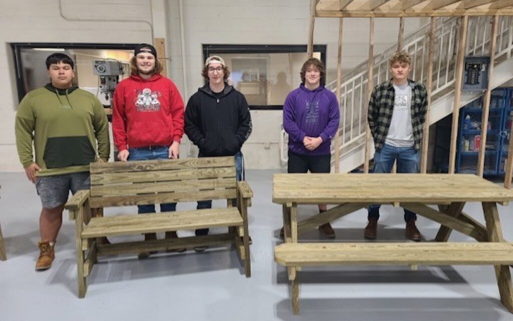 LISD Tech Center building trades students who worked on building picnic tables and benches for Share the Warmth of Lenawee included Emmanuel DePalma (Morenci), Kessler Durkee (Addison), Bradley Miller (Tecumseh), Noland Wilson (Blissfield), and Talan Kruse (Morenci).