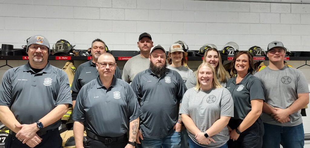 Pictured during an open house for the newly renovated Fairfield Township fire station are, in the front row, Rob Willnow, Bob Duke, Dustin Mohr, Vernae Hillard, Chief Dawn McAllister, and Jacob Schamberger; and in the back row, Capt. Rob Shadewald, Brandon Oard, Owen Jackson, and Lindsey Strahan. (Photo by Julie C. Clemes)