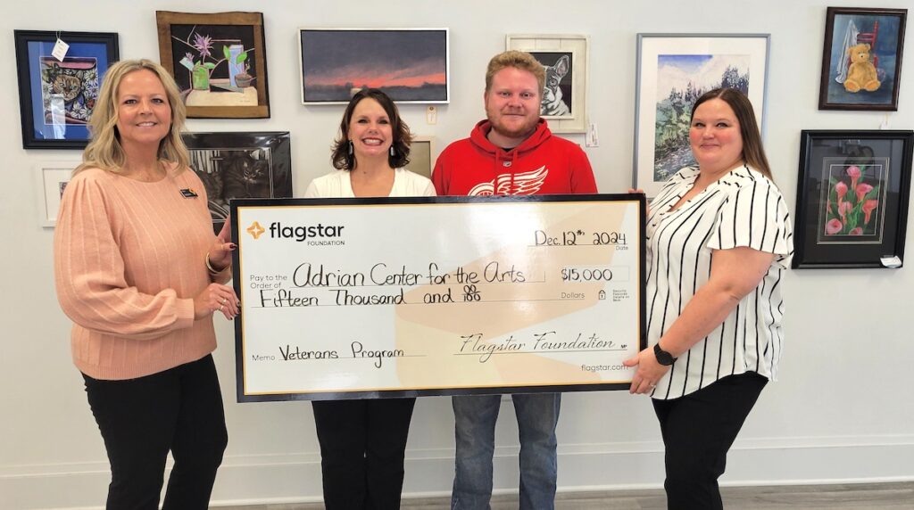 A $15,000 grant from the Flagstar Foundation will fund Creative Coping classes for Lenawee County veterans at the Adrian Center for the Arts. Pictured here are, from left to right, Angela Jeffery of Flagstar Bank; Valerie Herr, executive director of the ACA; Austin See, from the Lenawee County Veterans Coalition; and Katie Osman of Flagstar Bank.