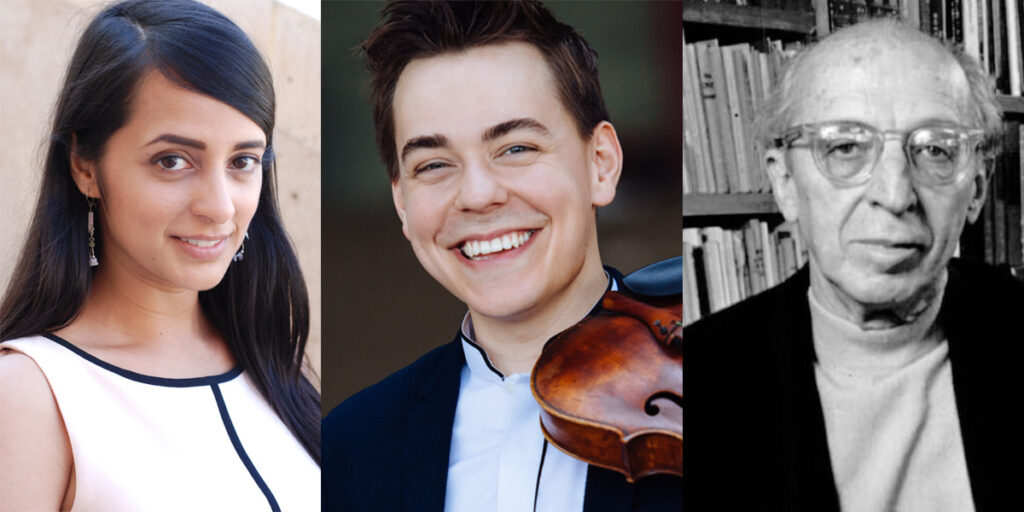 Composer Reena Esmail, violist Matthew Lipman, and composer Aaron Copland.