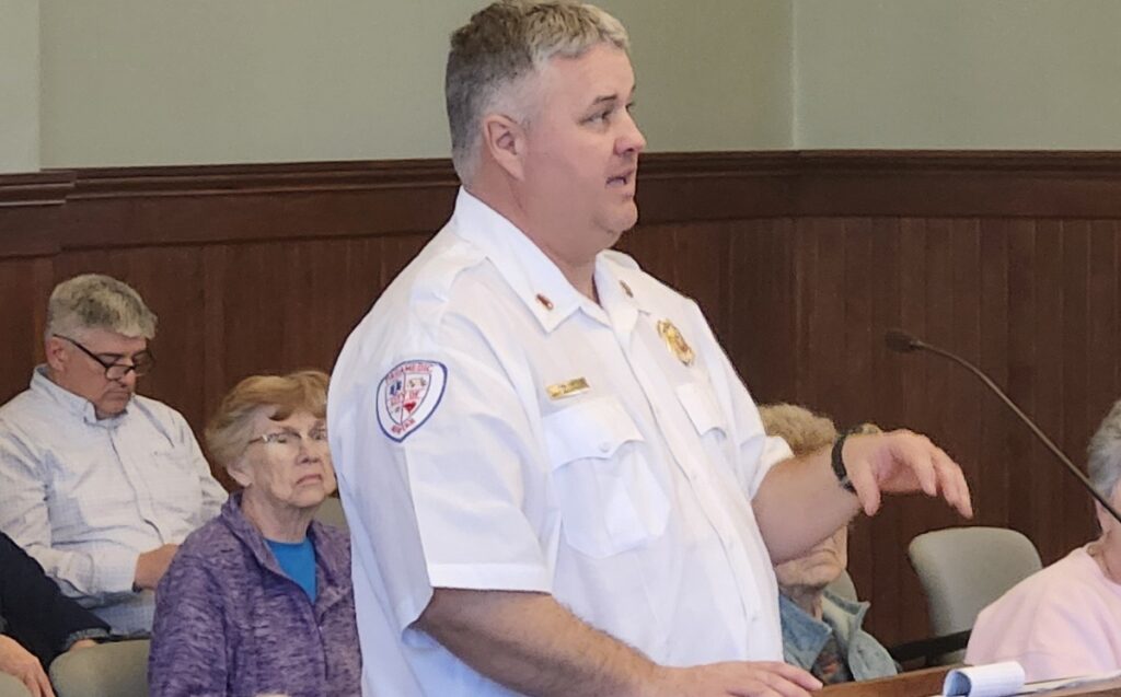 Adrian Fire Chief Aric Massingill speaks during the Feb. 17 Adrian City Commission meeting.