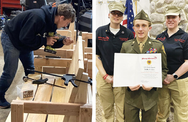 Left: Nicholas Trame works on his service project for the Young Marines Distinguished Order of Merit award. Right: Trame receives the Distinguished Order of Merit award from Michigan Regiment Commanding Officer Lisa Sparks and Regiment Support Officer Lillian Crispen on March 13.