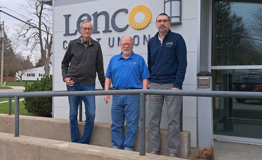 Pictured from left to right are David Chambers, Lenco Credit Union’s first president and CEO; Sam Ewing, who has been on the Lenco board since 1978 and is currently its chairman; and Ben Neal, the current president and CEO.