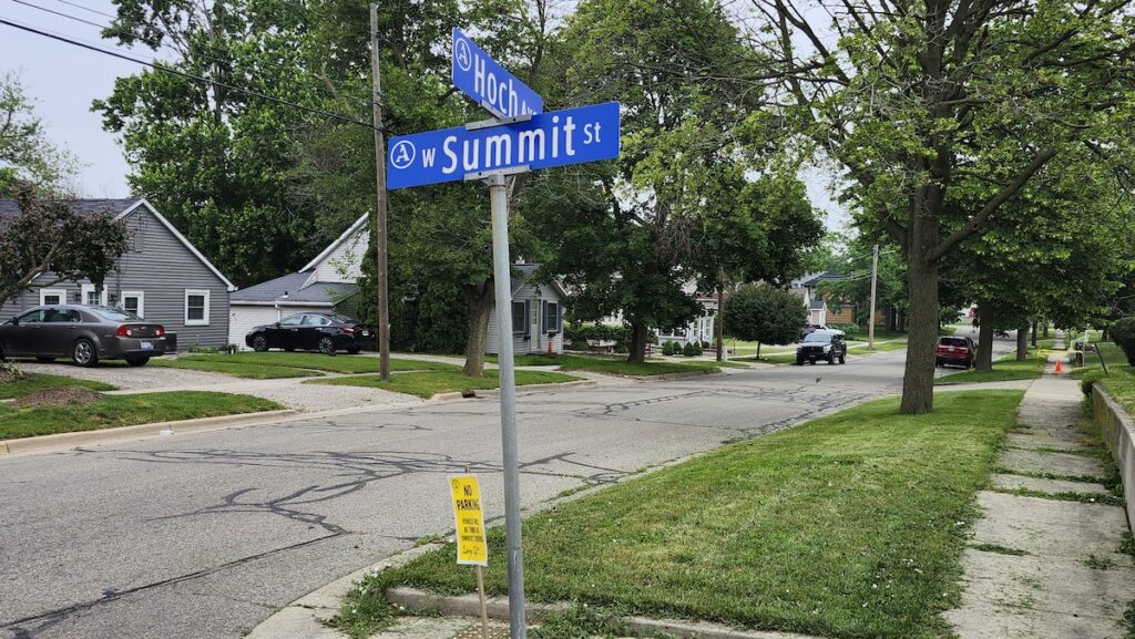 A "No Parking" sign warns of parking restrictions ahead of resurfacing work at the corner of Hoch Avenue and Summit Street, which are two of the city streets scheduled to be worked on. The project, which covers multiple areas of the city, is expected to begin June 9.