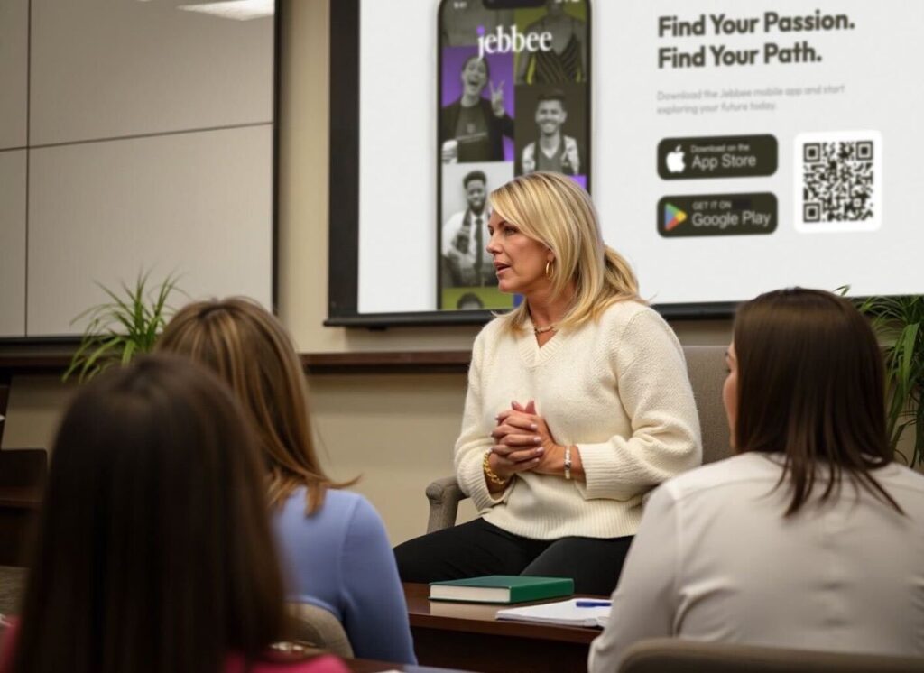Stephanie Hickman Boyse talks with students at Michigan State University during a presentation about Jebbee, the career networking platform she cofounded.