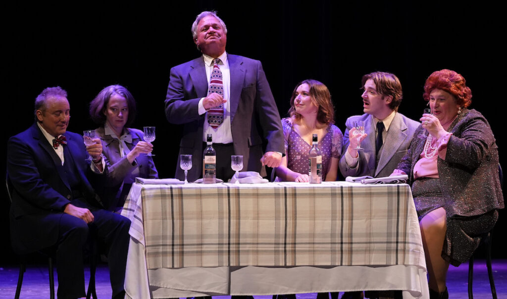 Pictured in "La Cage Aux Folles" are Eric Parker as Georges, Dawn Kingman as Mme. Dindon, Lane Hakel as Dindon, Caroline Coy as Anne, Matthew Porter as Jean-Michel, and Johnny Reed as Albin. (Photo by Lad Strayer)