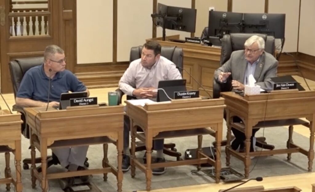Lenawee County Commission chairman Jim Van Doren, right, speaks during a June 5 criminal justice committee meeting at the Lenawee County Courthouse.