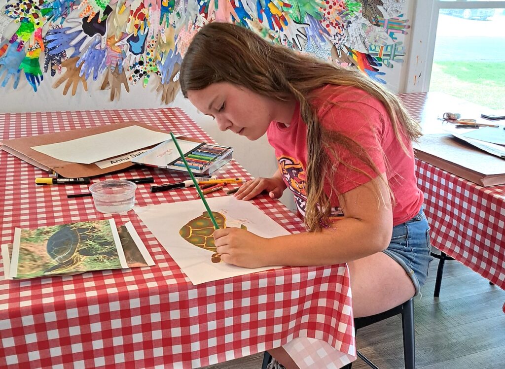 Anna Salenbien of Adrian paints a picture of a turtle during an art camp at Manitou Beach Creative Corner.