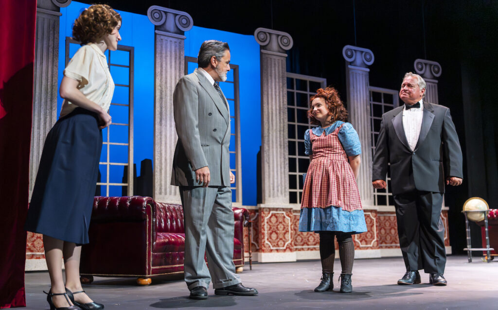 Emma Skaggs as Grace, D. Ward Ensign as Warbucks, Caroline Hubbard as Annie, and Lane Hakel as Drake in a scene from "Annie" at the Croswell Opera House. (Photo by Ashlee Sayles)
