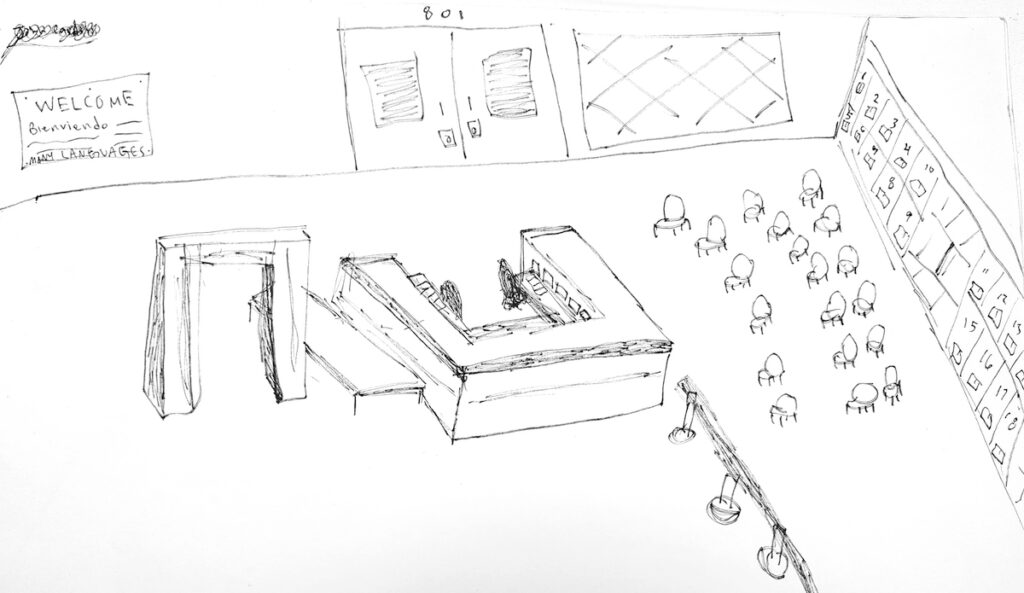 Aaron Chesher and Ben Moorman reported recently on their observations at the detention center in Baldwin. Cameras are not allowed inside the center in Baldwin, but Moorman drew several sketches, including this one of the reception area.