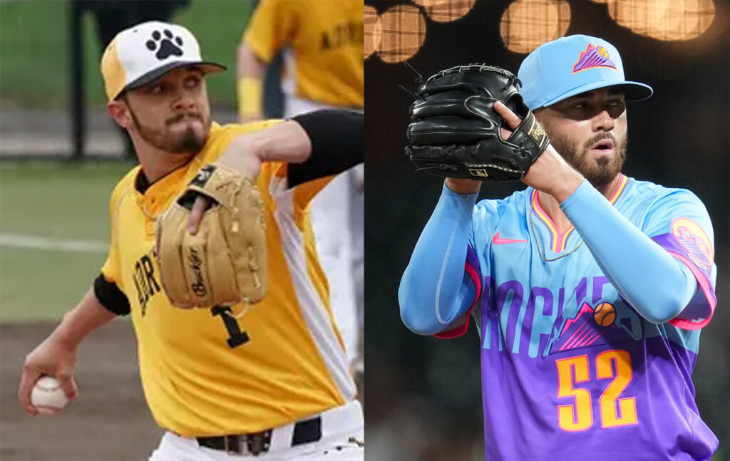 Dugan Darnell during his Adrian College baseball career (left) and playing for the Colorado Rockies (right).