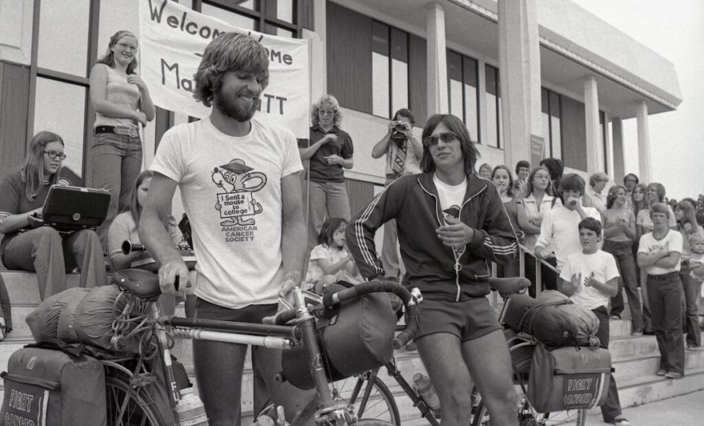 Matt Hermes and Matt Harpst at the conclusion of their 10,000-mile bike tour in 1975.