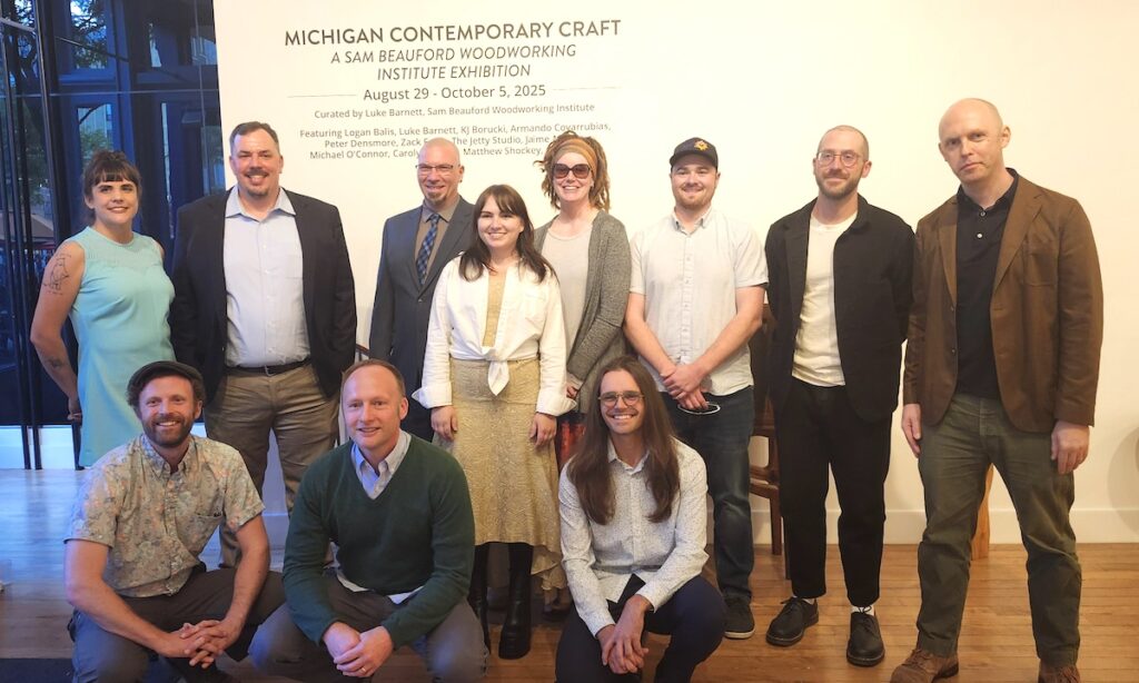 Artists featured in “Michigan Contemporary Craft” include, in the back row, Carolyn Racine, Luke Barnett, Scott Treppa, KJ Borucki, Jaime Marvin, Michael O’Connor, Zack Fealk, and Adam Davies; and in the front row, Peter Densmore, Matt Shockey, and Logan Balis. Not available for the opening was Armando Covarrubias. (Photo by Erik Gable)