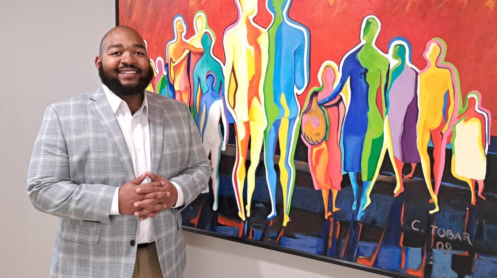 Ronnie Giles Jr. is pictured in the lobby of the Align Center for Workforce Development in Adrian. (Photo by Arlene Bachanov)