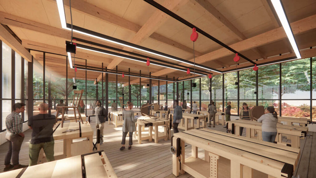 This artist’s rendering shows the interior of the shop design for the Sam Beauford Woodworking Institute’s proposed new campus. 