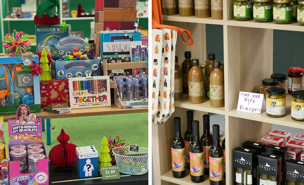 Some of the unique finds available at toy store Merry Thread, left, and culinary arts shop Plot Whisk. (Choate Marketplace via Instagram)