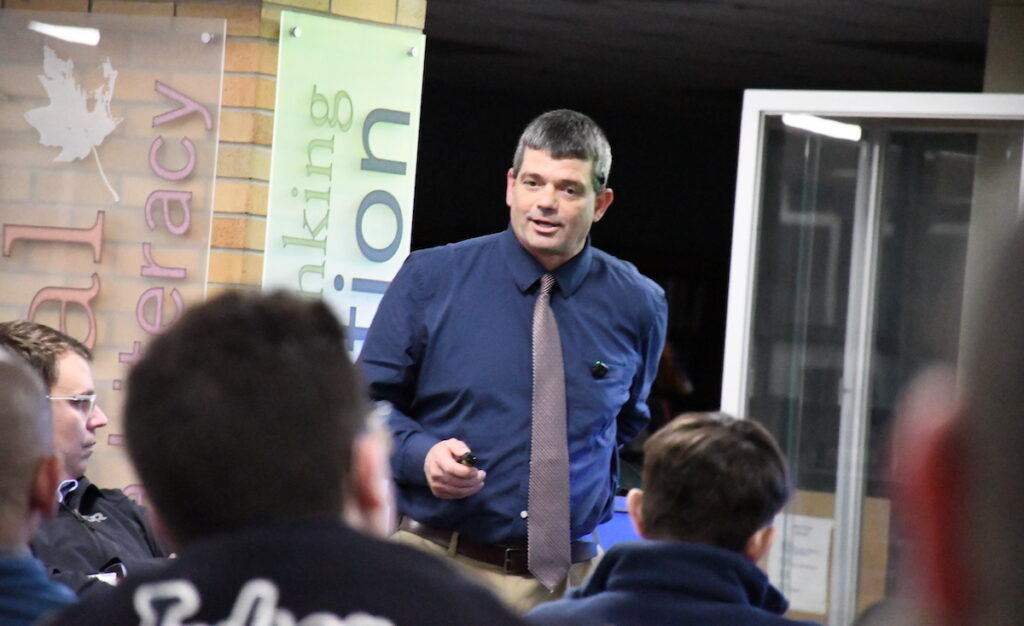 Adrian Public Schools superintendent Nate Parker speaks at a Nov. 25 forum on the idea of adding a public pool to a millage proposal for a community recreation center.