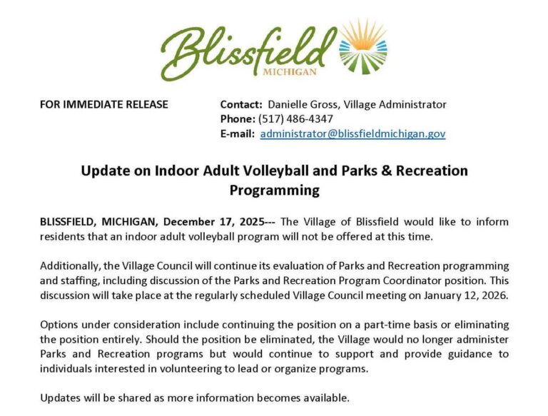 Blissfield council to discuss parks and rec programs