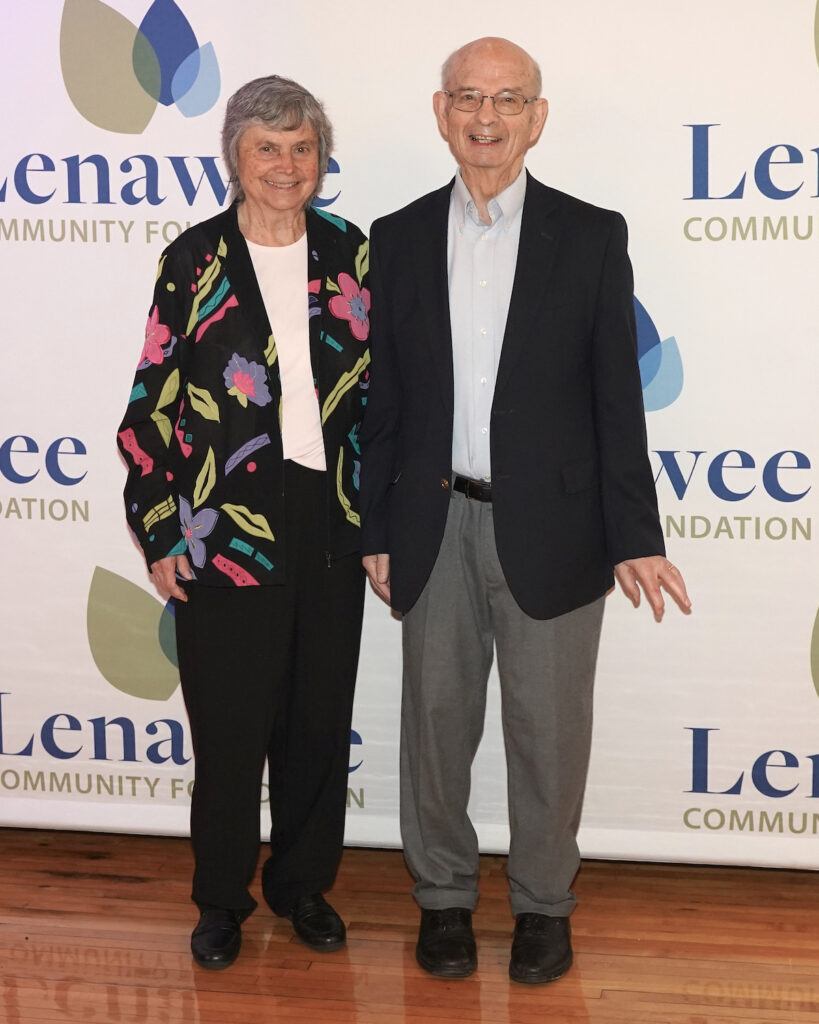 Karen and Stanley Caine are shown accepting the Maurice and Dorothy Stubnitz Award for service to the community at the Lenawee Community Foundation's annual awards event on April 17.