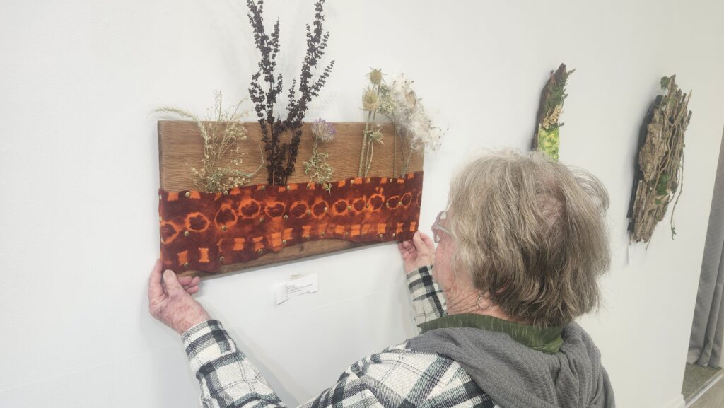 Jill Shaffer hangs “Happy Weeds,” a piece by Kate Jocelyn, in the “Rooting Around at Lindisfarne” exhibit that will be on display at the Adrian Center for the Arts through Feb. 22.