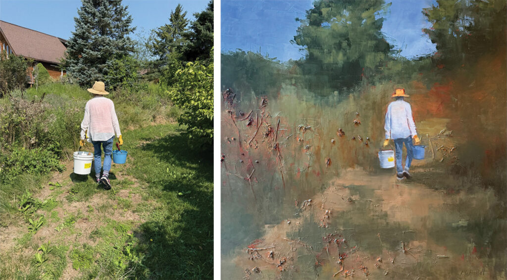 Kris Schmidt, one of the artists who participated in “Rooting Around at Lindisfarne,” took this photo of ACA program director Pi Benio foraging for found objects last year. At left is the original photo; at right is the painting Schmidt created from it.