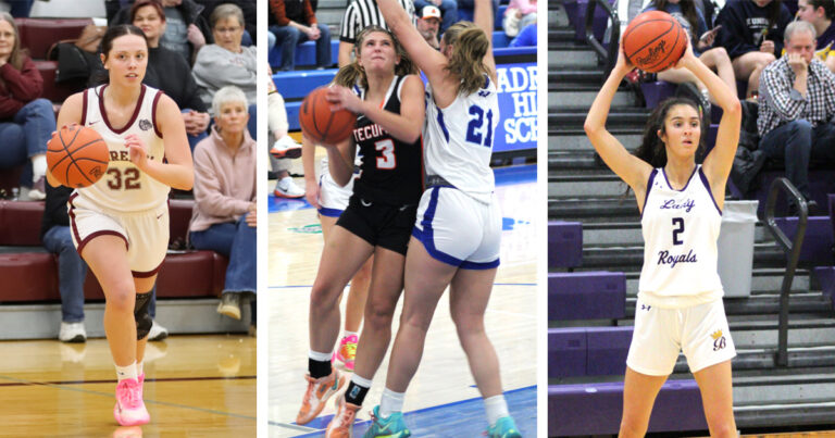 Left to right: Morenci's Addyson Valentine looks for an opportunity to score during a Feb. 6 game against Sand Creek; Tecumseh’s Makayla Schlorf battles to get the ball past Adrian’s Ella Salenbien during a Feb. 6 game at Adrian; and Blissfield’s Leigh Wyman looks for an open teammate to pass the ball to during a Feb. 17 home game against Madison. (Photos by Katherine Simpkins)