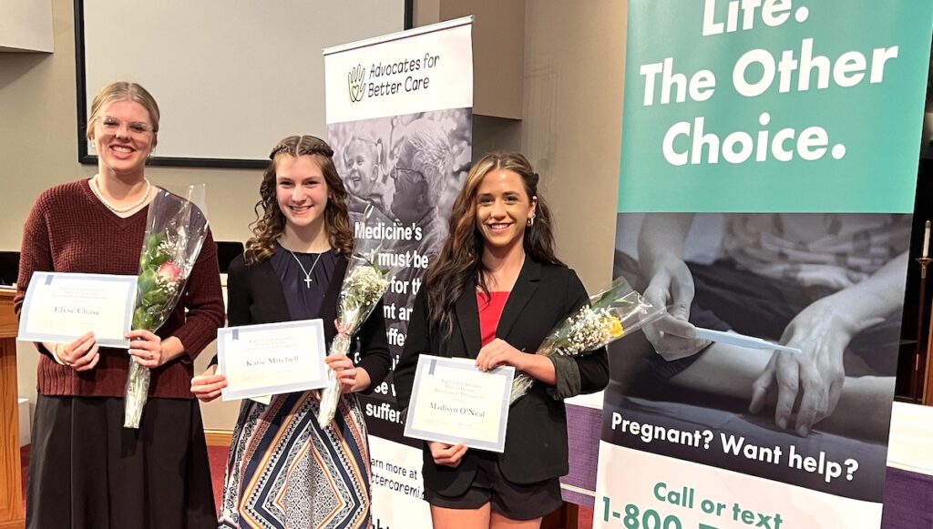 Winners of the Lenawee Right to Life oratory contest, held at St. John's Lutheran Church in Adrian, were, from left to right Elyse Chase, Katie Mitchell and Madisyn O'Neal.
